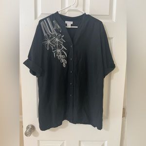 BEAUTIFUL PLUS SIZE BLACK BUTTON LINEN SHIRT EMBROIDERED